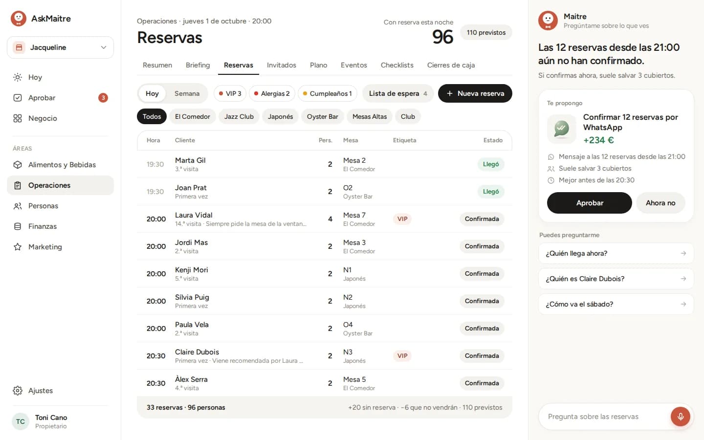 Reservas y sala en la web de AskMaitre